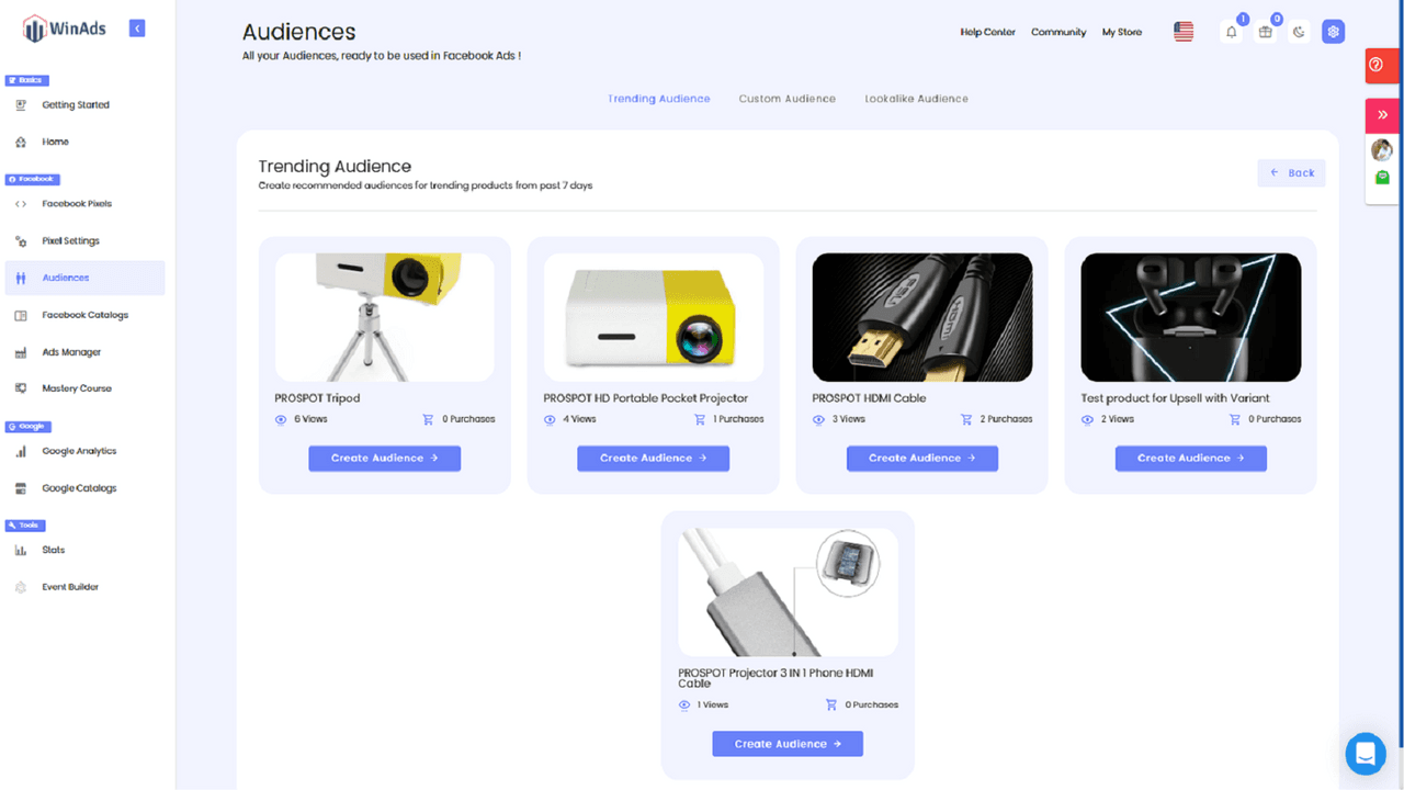 WinAds Audiences screen with trending product audience cards and custom and lookalike audience tabs