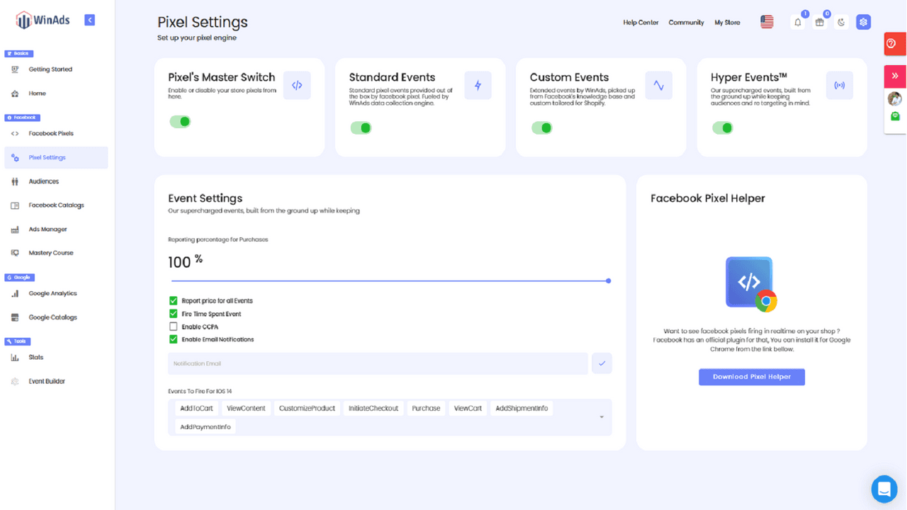 WinAds Pixel Settings screen with standard, custom, and hyper event switches and event reporting settings