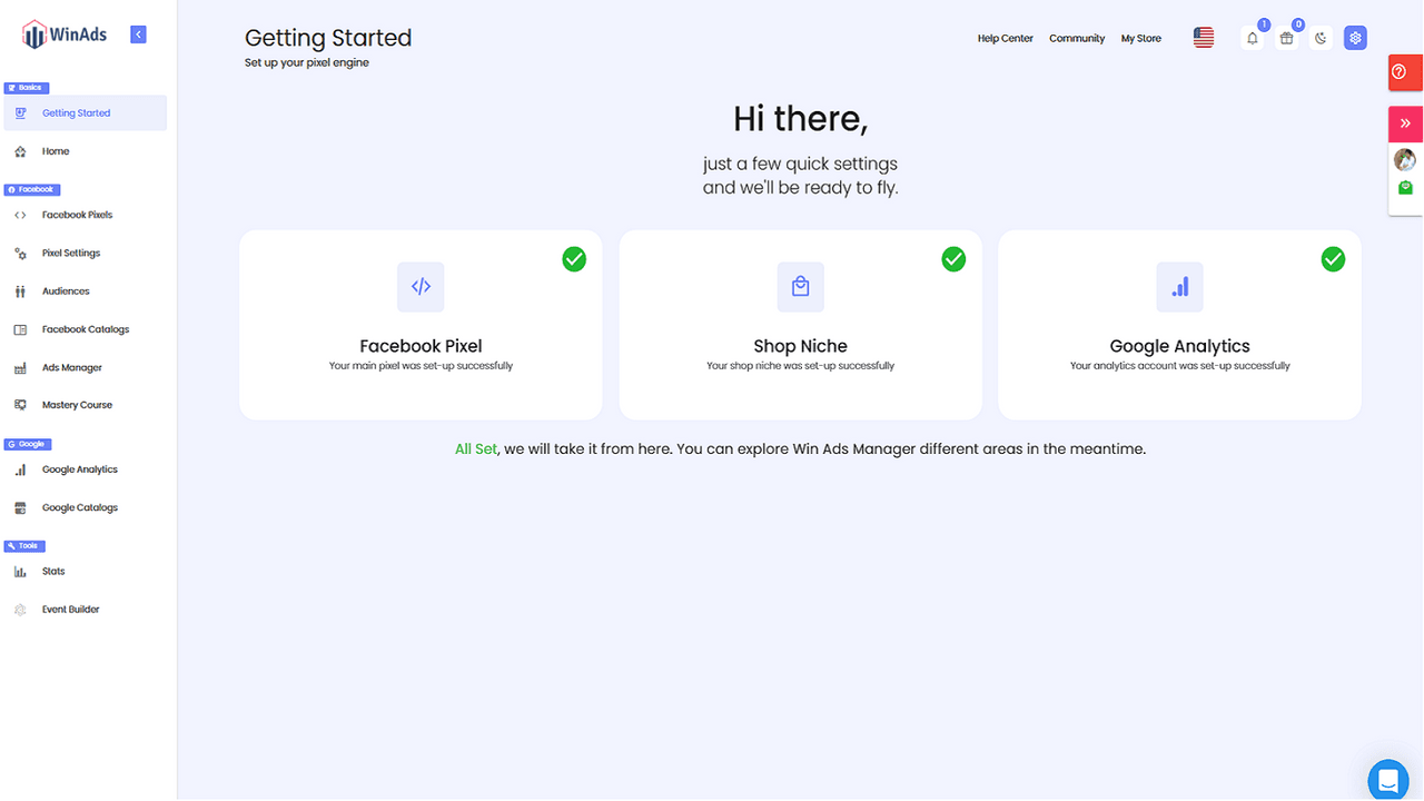 WinAds Getting Started screen showing Facebook Pixel, Shop Niche, and Google Analytics setup status